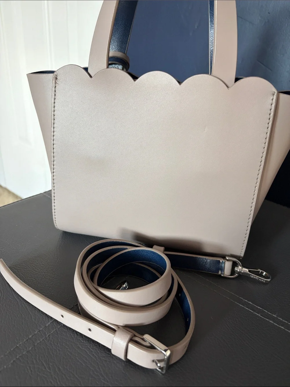 Kate Spade Magnolia Street Small Mina Scalloped Leather Satchel Taupe/Navy